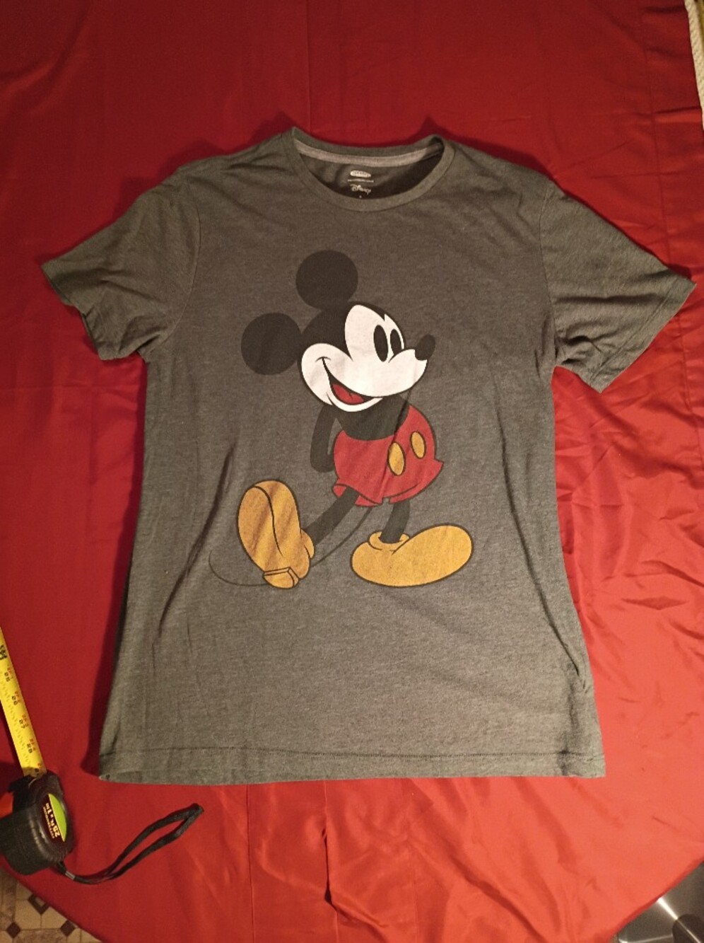 Old Navy Gray Mickey Mouse Tee with Red Shorts and Yellow Shoes